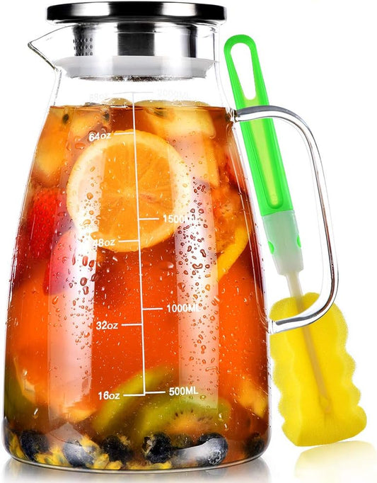 Aofmee Glass Pitcher with Lid and Handle, Glass Water Pitchers, 2 Liter