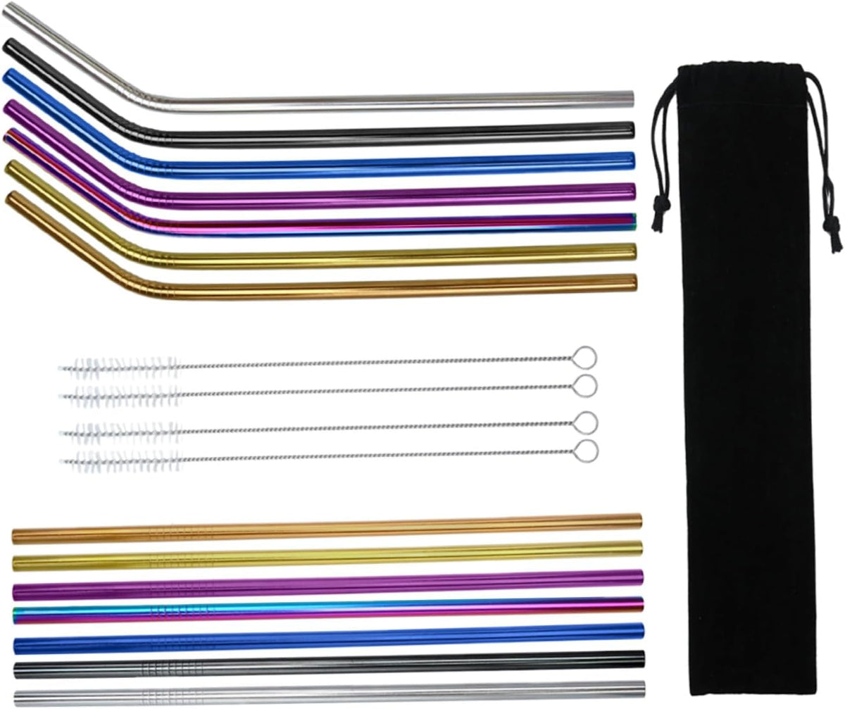 19Pcs Stainless Steel Drinking Straws Set Curved Straight with Brush