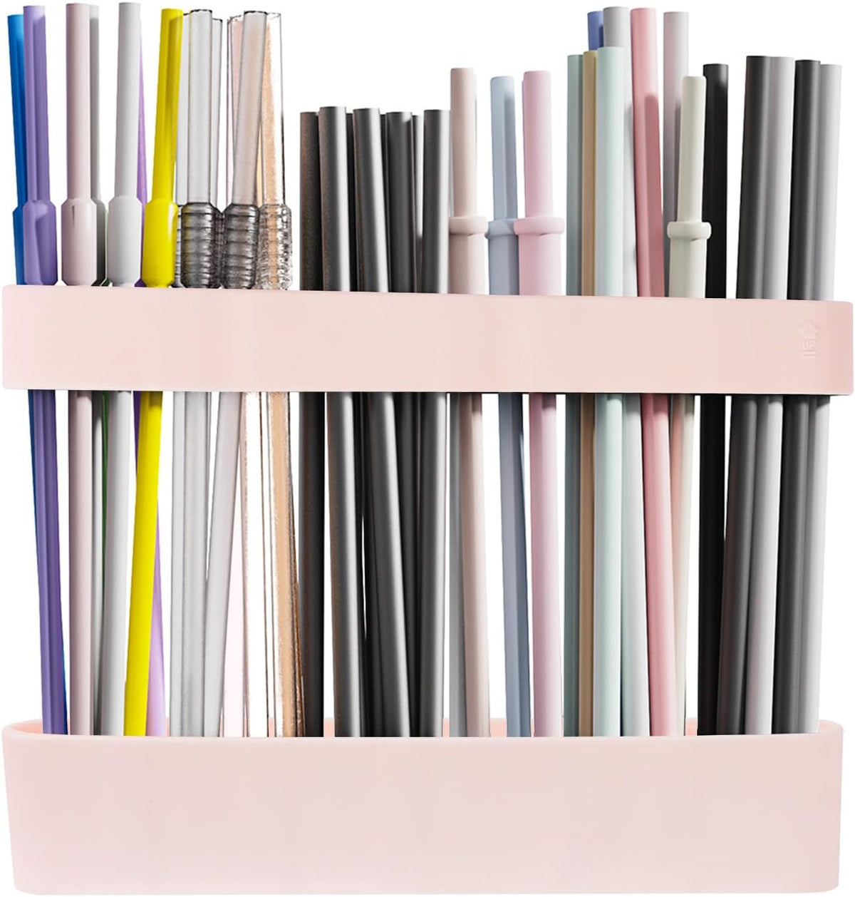 Strong Adhesive Backing Straw Storage Box, Split Type Silicone Straws Dispenser Adjustable Height Straw Holder for Cabinet (Pink)