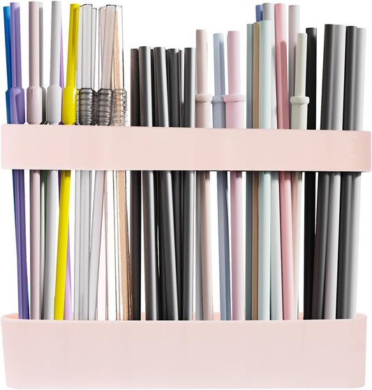 Strong Adhesive Backing Straw Storage Box, Split Type Silicone Straws Dispenser Adjustable Height Straw Holder for Cabinet (Pink)