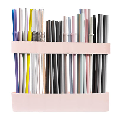 Strong Adhesive Backing Straw Storage Box, Split Type Silicone Straws Dispenser Adjustable Height Straw Holder for Cabinet (Pink)