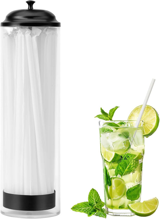 13.77 inch Straw Holder for Standard & Long Bended Size Drinking Straws,Straw Dispenser for Counter With Black Lid,Clear Drinking Organizer Container for Kitchen(Straws Include)