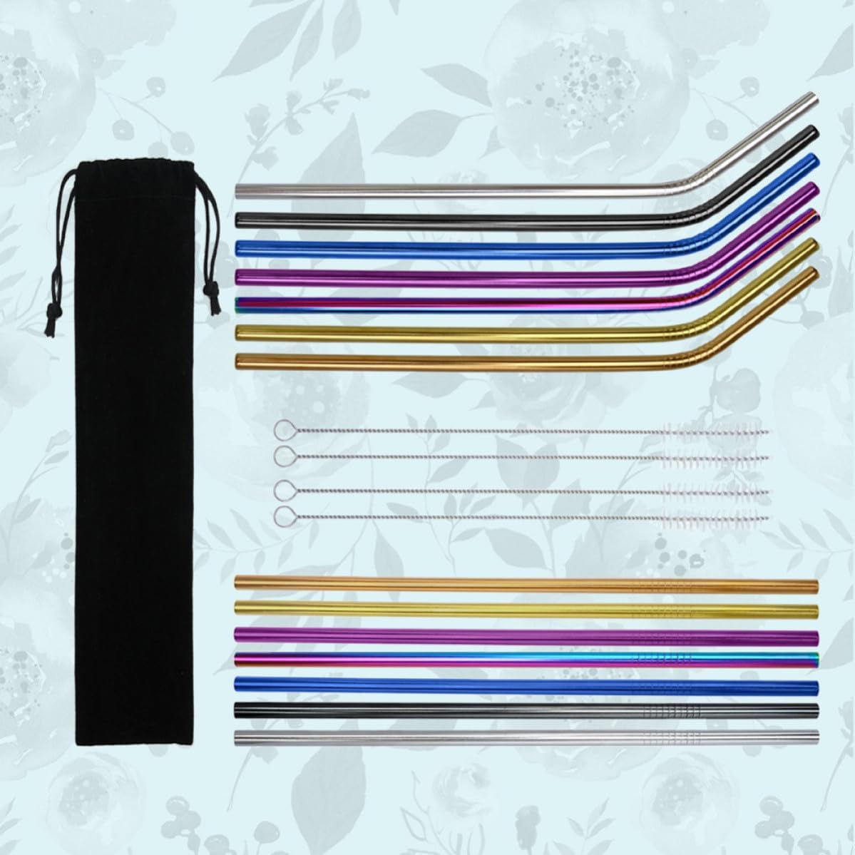 19pcs Reusable Drinking Straw Set with Brush and Bag Stainless Steel