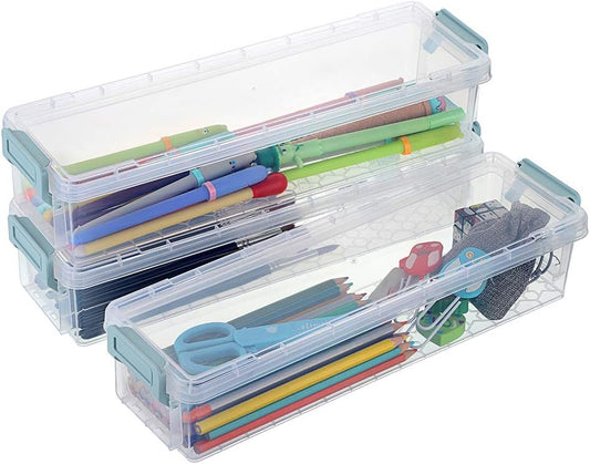 BTSKY Long Plastic Stackable Box Home, Office Supplies Storage Organizer Box Pencil Boxes Plastic Organizer Holder for Gel Pens Erasers Tape Pens Pencils Markers etc- 3 Pack - Clear with Blue Clip