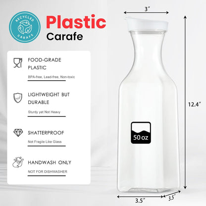 Plastic 8 PACK Large 50 Oz Water Carafe with Flip Top Lid, Square Base Juice Containers, Clear Plastic Pitcher - for Water, Iced Tea, Juice, Beverage, Milk, Cold Brew and Mimosa Bar - HAND WASH ONLY