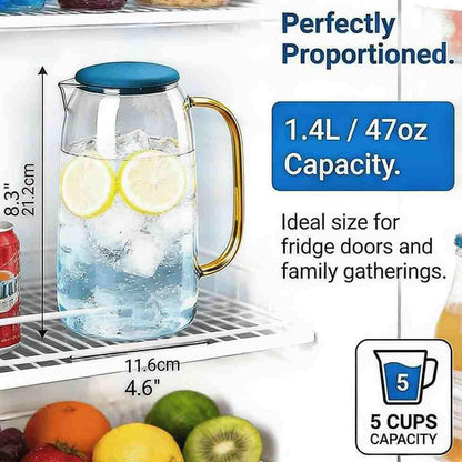 1.5L Borosilicate Glass Water Pitcher, Food-Grade PP Lid, Shatterproof Leak-Proof, Wide Mouth, Nordic Gradient Blue, Fridge Safe