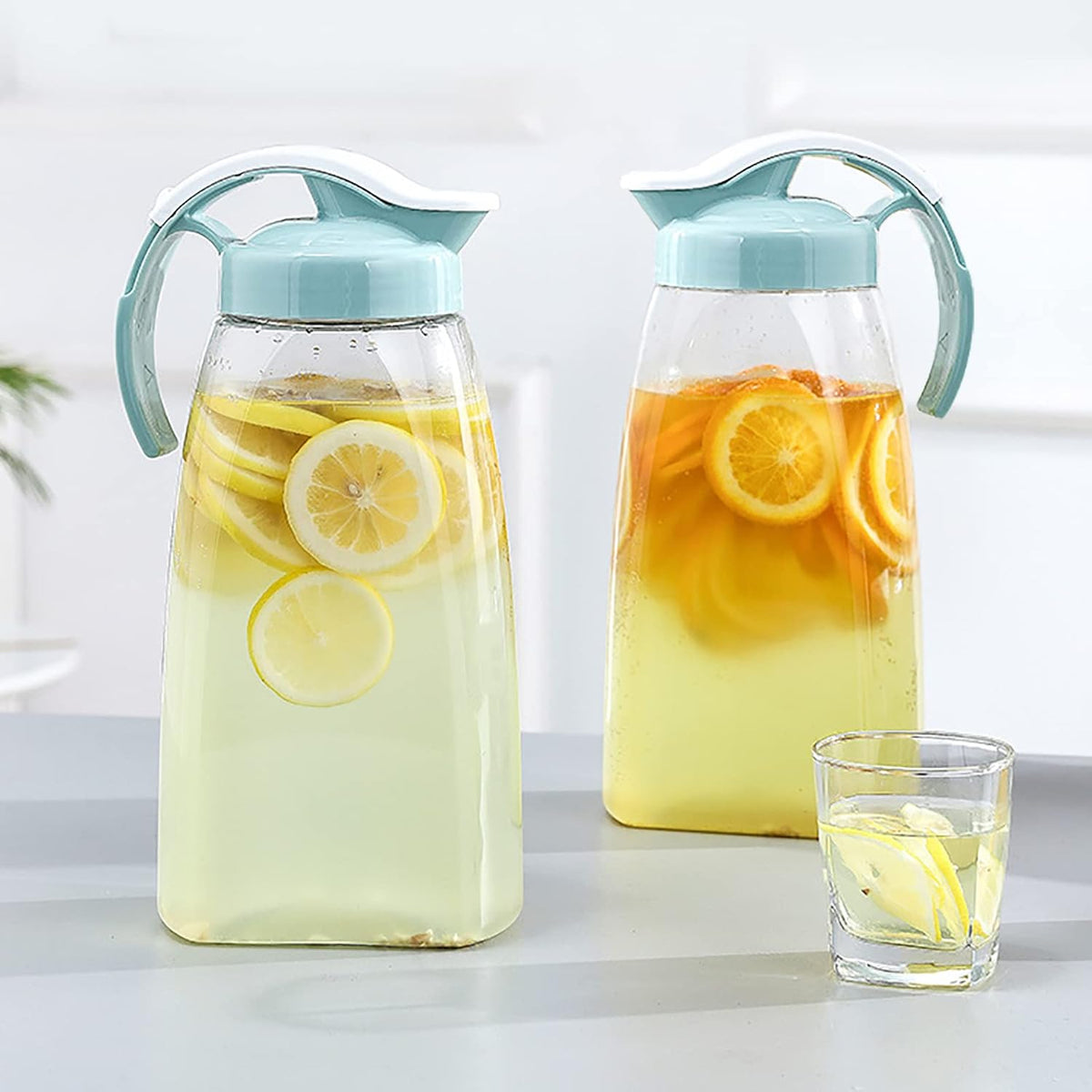Frcctre 2 Pack Plastic Water Pitcher with Lid, 74 Oz Clear Airtight Beverage Pitcher Juice Container Water Carafe Fridge Jug for Juice, Coffee, Iced Tea, Lemonade, Heat Resistant & Shatter-proof