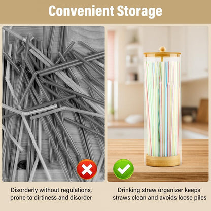 Straws Holder Dispenser with Bamboo Lid, 10-Inch Acrylic Drinking Straw Dispenser Includes 100 Colorful Straws Transparent Straw Storage Container for Kitchen,Pencils and Cutlery
