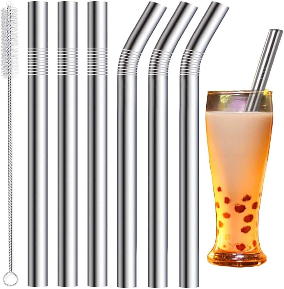 Vinaco 6 Pcs 0.5" Wide Bore Reusable Stainless Steel Metal Smoothie Straws