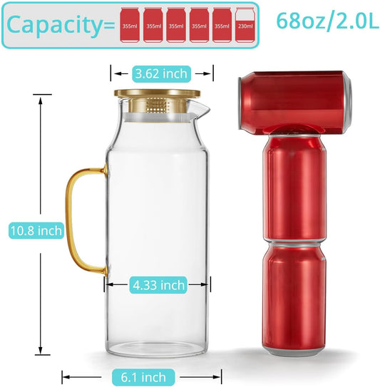 Bivvclaz 2 Pack 2 Liter 68 oz 2.1 Qt Gold Glass Pitcher with Lid and Handle, Water Pitcher for Fridge, Glass Carafe for Hot/Cold Water, Large Iced Tea Jug for Coffee, Juice and Homemade Beverage