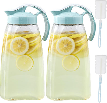 Frcctre 2 Pack Plastic Water Pitcher with Lid, 74 Oz Clear Airtight Beverage Pitcher Juice Container Water Carafe Fridge Jug for Juice, Coffee, Iced Tea, Lemonade, Heat Resistant & Shatter-proof