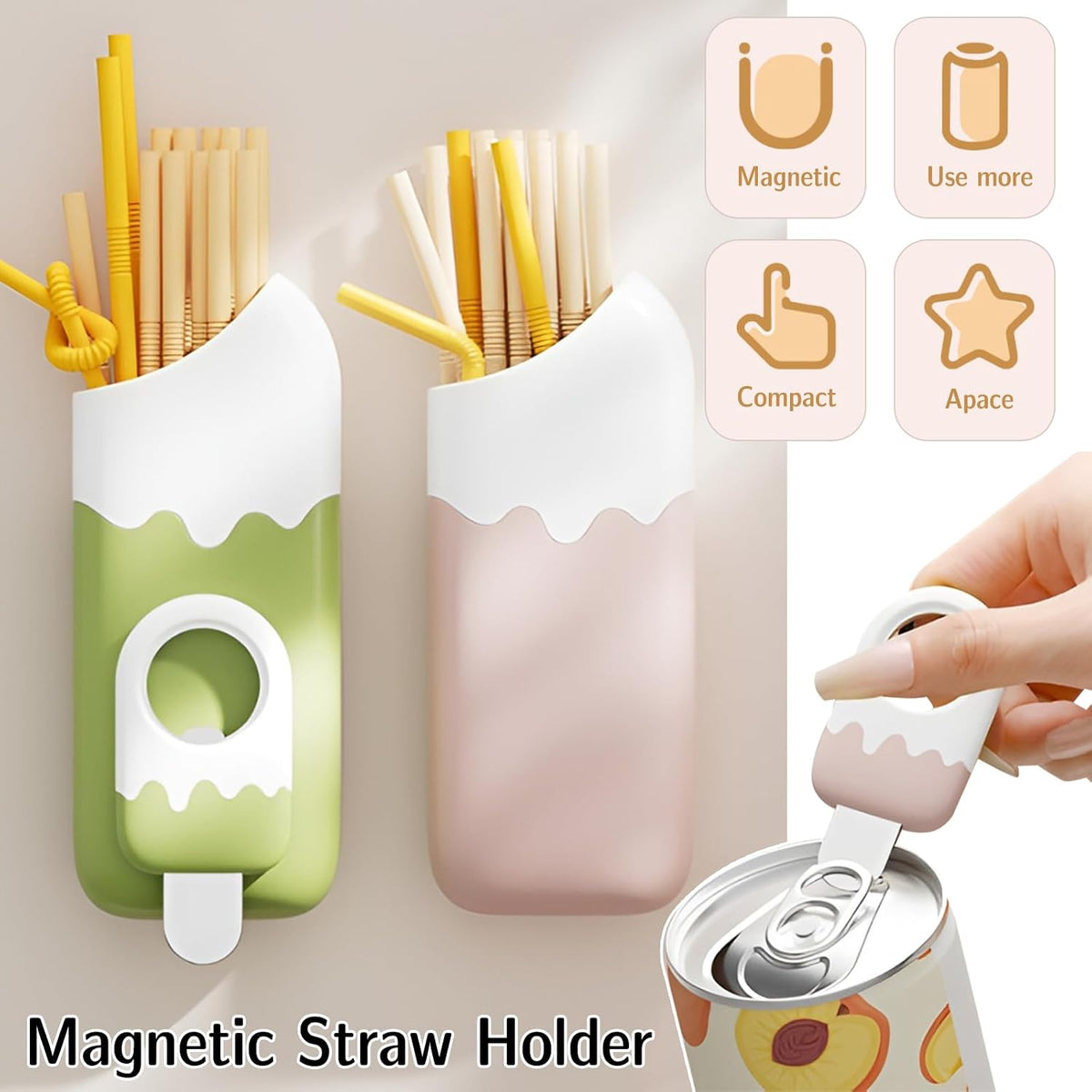 2 Pack Magnetic Straw Holder for Fridge, Cabinet & Counter – Multi-Use Straw Storage & Organizer with Bottle Can Opener