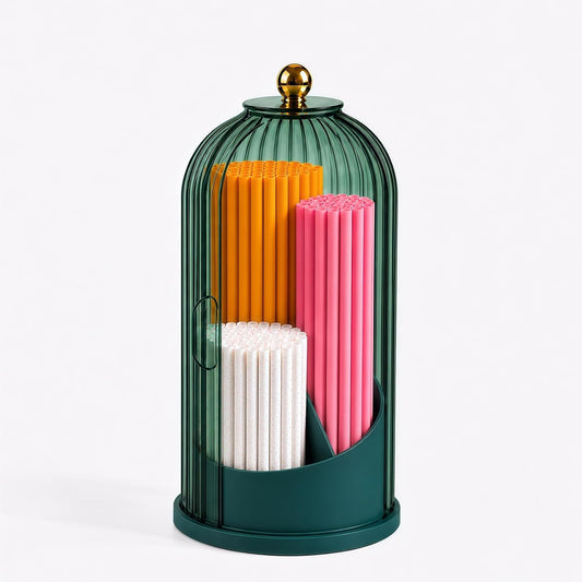 Straw Holder with Lid, Straw Organizer and Straw Dispenser, 360° Rotating Clear Straw Storage Container for Counter, Dustproof Plastic Straw Container for Home Kitchen Bar (green)