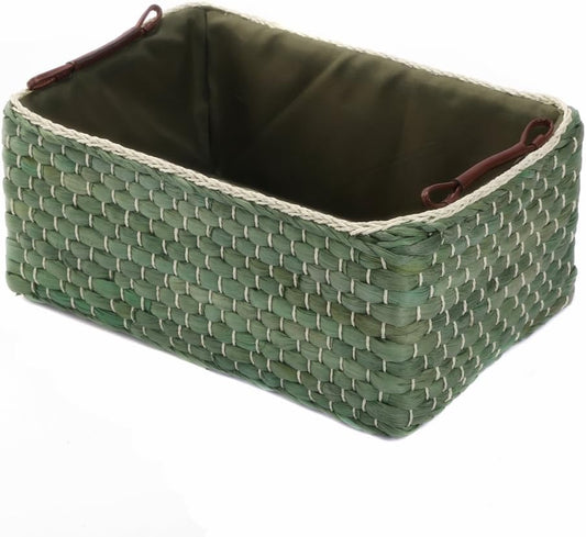 Kingwillow Basket Woven Maize Straw Storage with Handle(Green,Small)