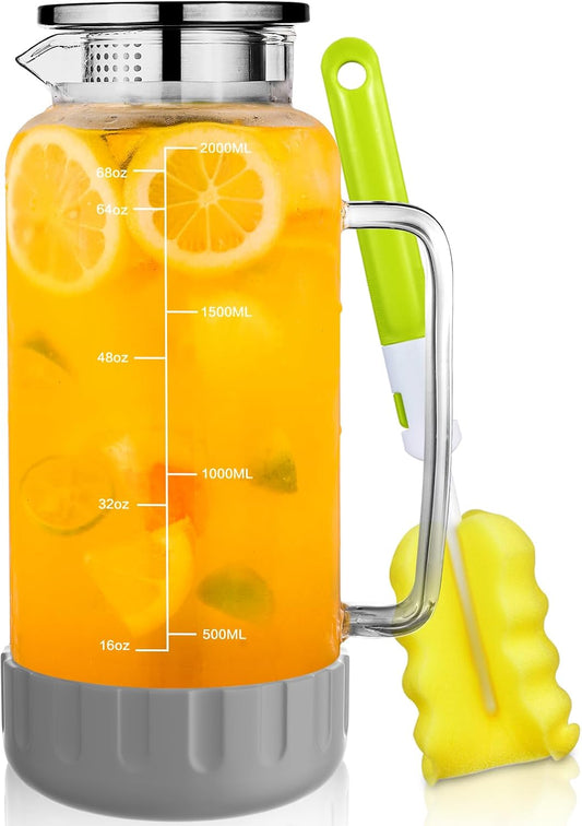 Aofmee 68oz Glass Pitcher with Lid and Handle for Fridge, Grey Silicone