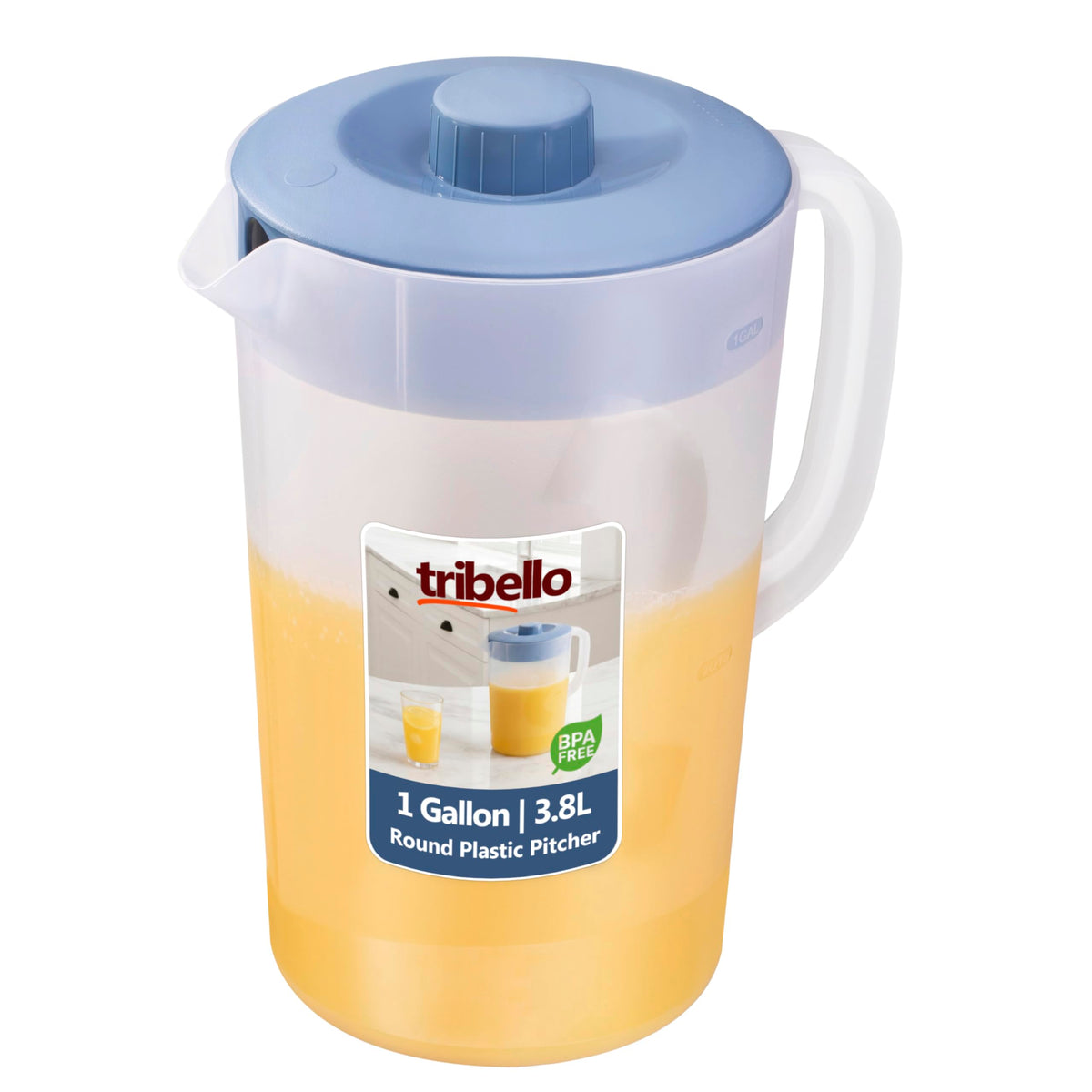 Tribello Pitcher with Lid Half Gallon, Clear Round Plastic Water Pitcher with 3-Way Lid, Ideal for Lemonade, Ice Tea, and Drinks, Freezer/Dishwasher Safe, and BPA Free (0.5 Gallon/2 Liters)
