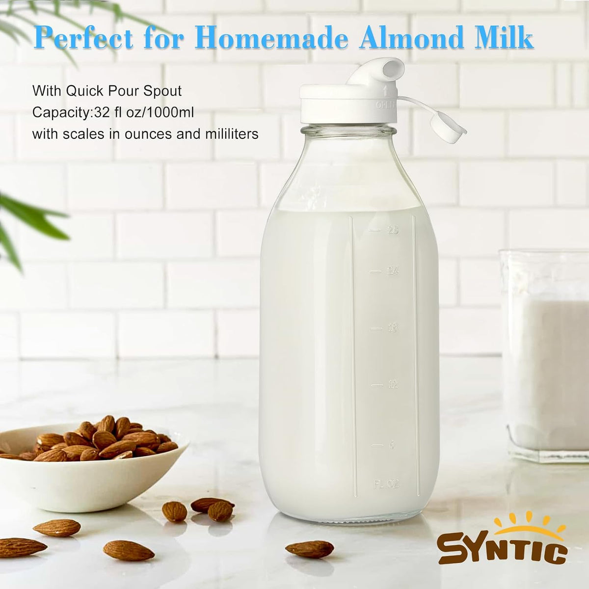 Syntic 2 Pack 32 Oz Glass Milk Bottles with Airtight Lids & 2 Caps