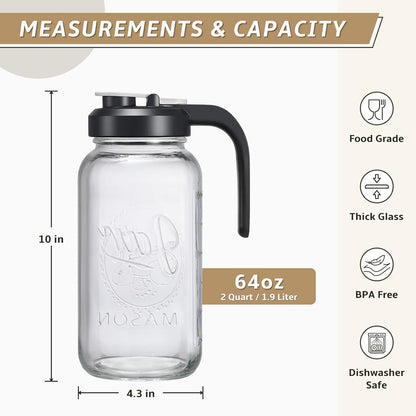 Set of 2, Glass Pitcher with Lid - 2 Quart Mason Jar Pitcher with Filter Lid, Wide Mouth Jar Leak-proof Water Jug, Heavy Duty Container for Water, Juice, Milk, Tea, Iced Coffee, and Drinks
