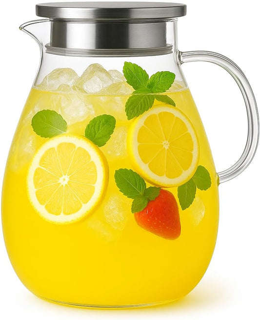 Glass Pitcher with Lid, 1 Gallon / 128oz Glass Water Jug for Hot and Cold Drinks, Iced Tea, Juice, and Beverage Carafe