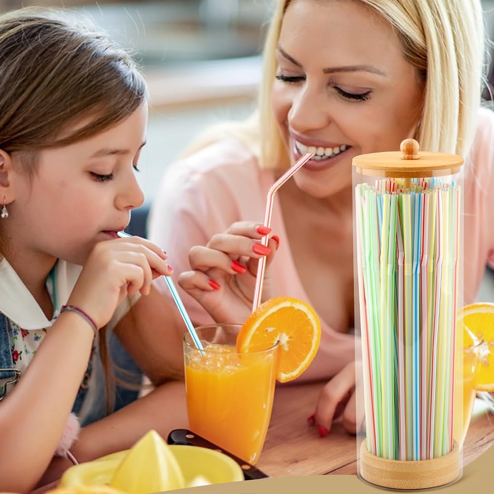 Straws Holder Dispenser with Bamboo Lid, 10-Inch Acrylic Drinking Straw Dispenser Includes 100 Colorful Straws Transparent Straw Storage Container for Kitchen,Pencils and Cutlery
