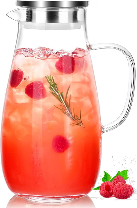 Borosilicate Glass Pitcher with Lid and Handle, 64oz for Hot Cold Beverages