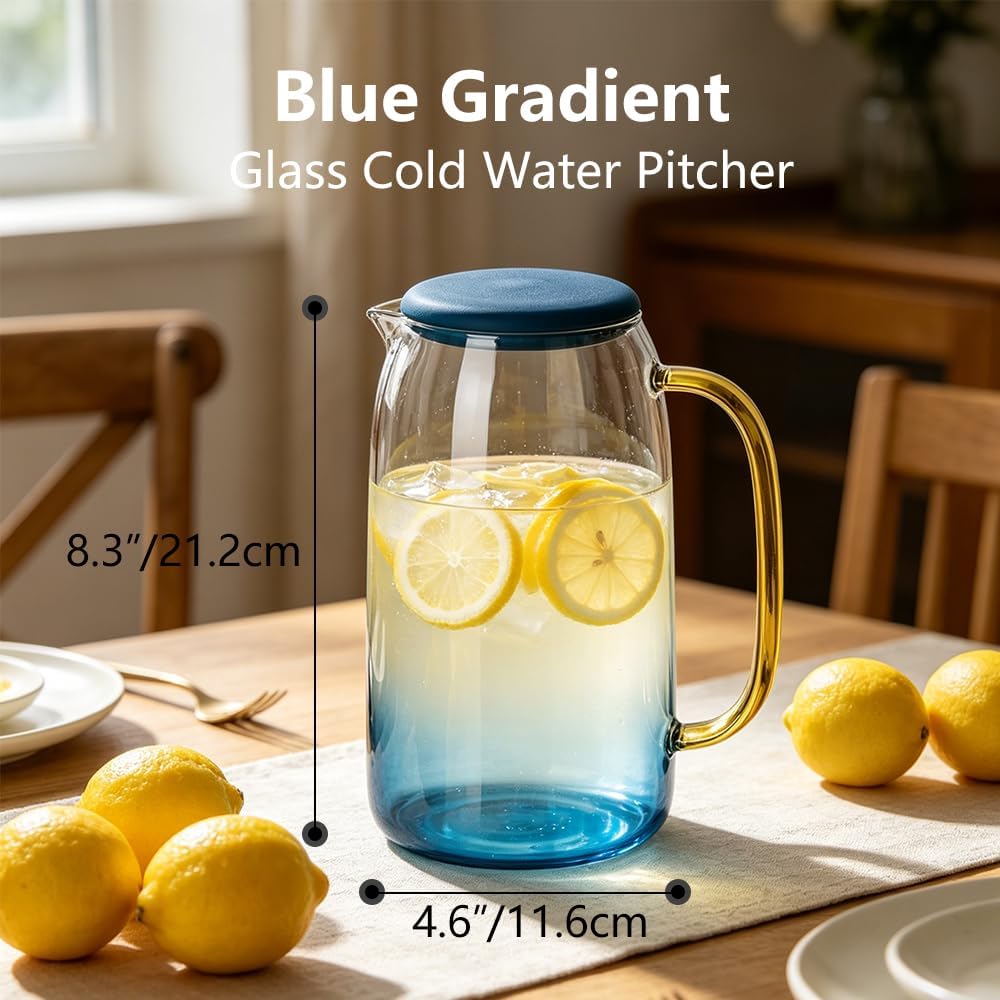 1.5L Borosilicate Glass Water Pitcher, Food-Grade PP Lid, Shatterproof Leak-Proof, Wide Mouth, Nordic Gradient Blue, Fridge Safe