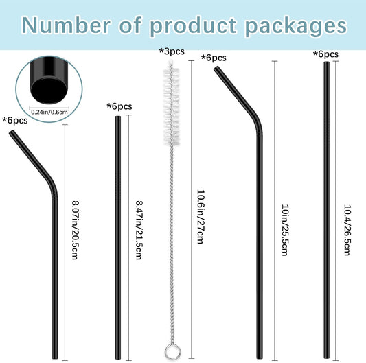 27 Pack of metal straws reusable,12 Straight +12 Bent 8.5 Inch Stainless Steel Straws, 3 Cleaning Brushes Included, Perfectly Compatible with 20oz,30oz Cup Tumblers