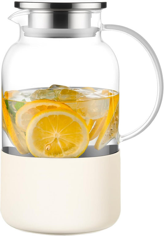 PARACITY Glass Pitcher with Lid, 61 oz Glass Water Pitcher, Off-White Base