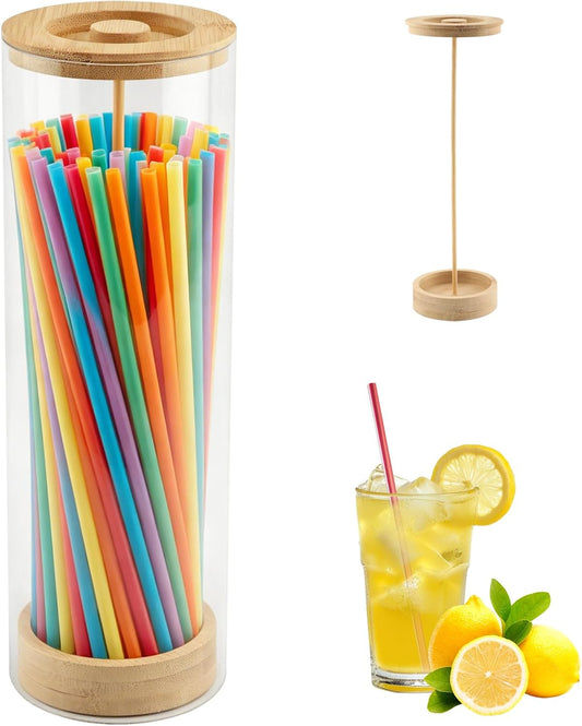 Straw Holder Dispenser for Counter, 10 Inch Clear Acrylic Straw Organizer Container with Bamboo Lid, Plastic Drinking Straw Storage Box for Home Kitchen, Cabinet, Office