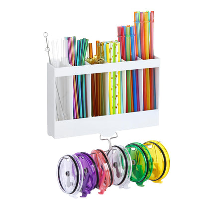 10''Acrylic Straw Holder for Cabinet Door with Tumbler Straw Organizer,Large Straw Storage with Washable Sticky Reusable Cup Lid Holder,Water Bottle Accessories Organizer for Kitchen(Clear)