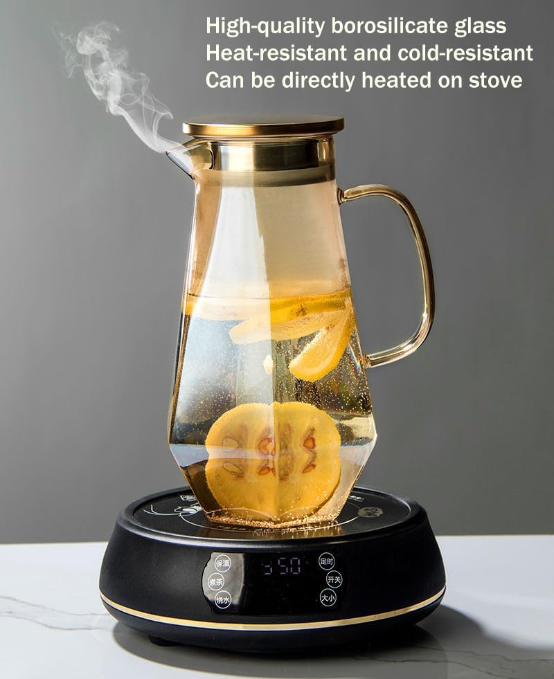 1.7 Liter/58oz Glass Pitcher with Lid Water Carafe Jug with Spout Handle for Hot/Cold Water Tea Beverage (Gold 1-Glass Pitcher)