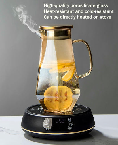 1.7 Liter/58oz Glass Pitcher with Lid Water Carafe Jug with Spout Handle for Hot/Cold Water Tea Beverage (Gold 1-Glass Pitcher)