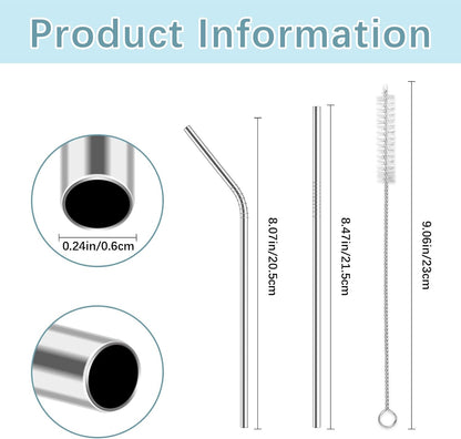 110 Pack metal straws reusable,50 Straight +50 Bent 8.5 Inch Stainless Steel Straws,10 Cleaning Brushes Included, Perfectly Compatible with 20oz Cup Tumblers