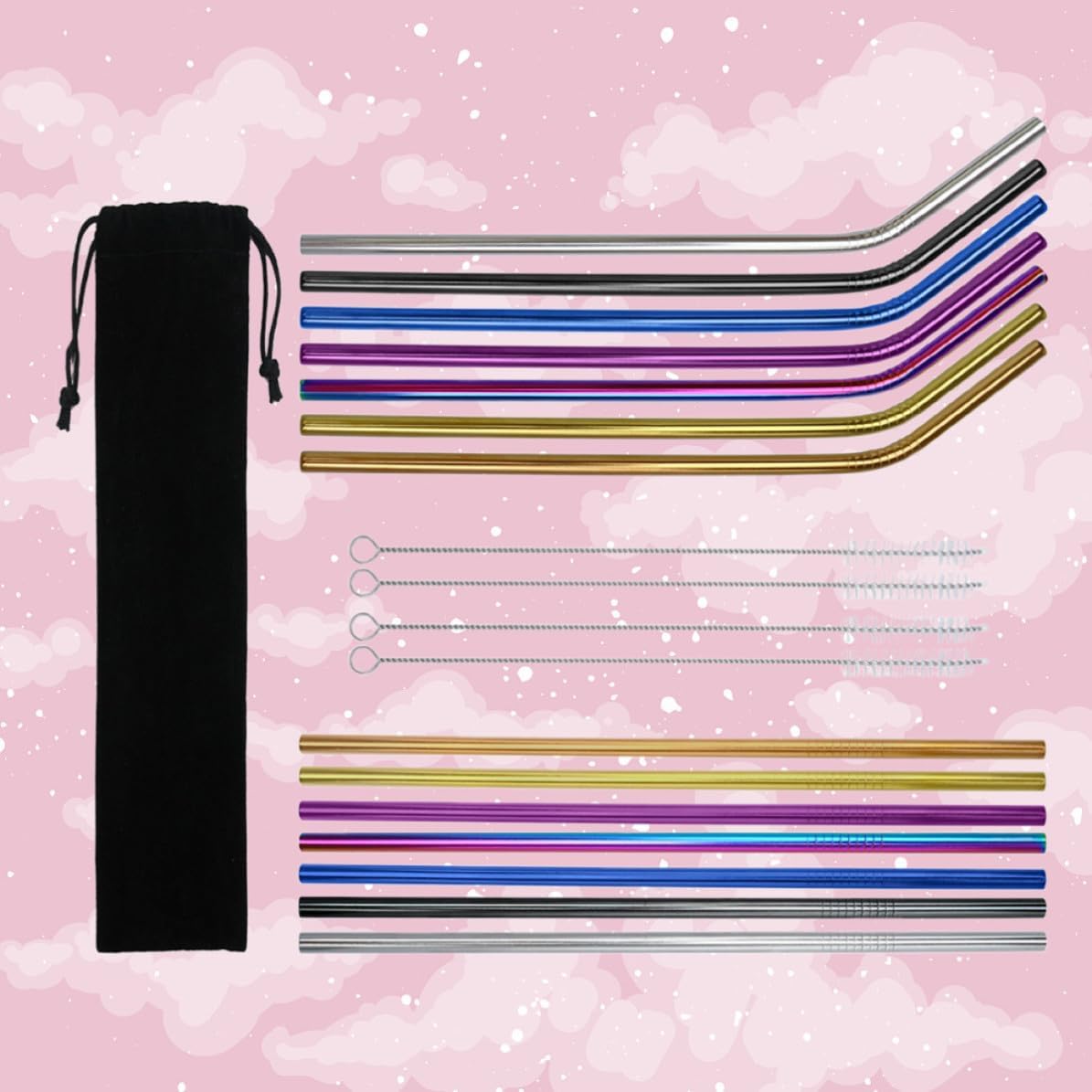 19pcs Reusable Drinking Straw Set with Brush and Bag Stainless Steel
