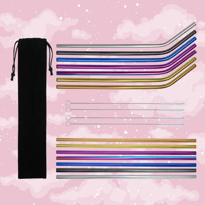 19pcs Reusable Drinking Straw Set with Brush and Bag Stainless Steel
