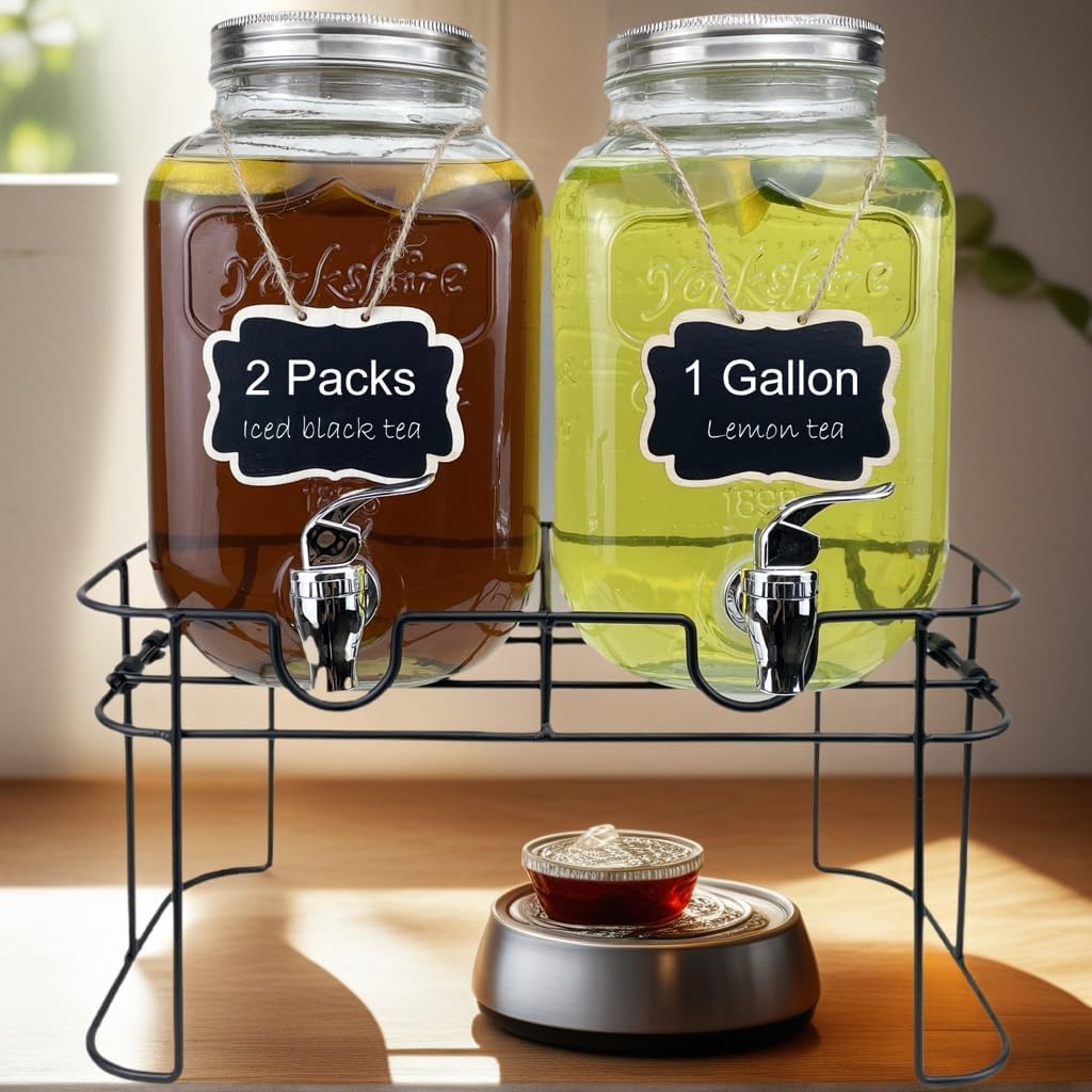 1 Gallon Glass Drink Dispenser for Parties, 2 Packs Juice Lemonade Ice Tea Water Dispenser with Stand, HENABLE Beverage Dispensers with Spigot for BBQ, Picnic, Party