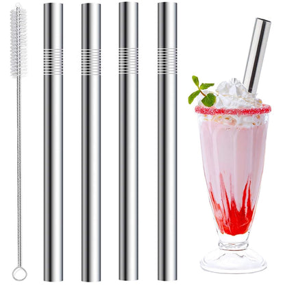Vinaco 4 Pcs 0.35" Wide Bore Reusable Stainless Steel Metal Smoothie Straws