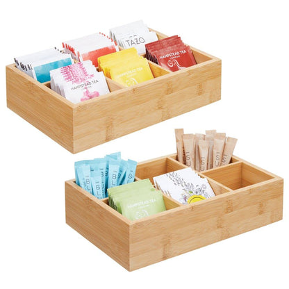 mDesign Slim Bamboo Wood Compact Food Storage Organizer Bin - 3 Divided Sections - Holder for Seasoning Packets, Pouches, Soups, Spices, Snacks - Natural