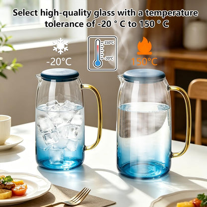 1.5L Borosilicate Glass Water Pitcher, Food-Grade PP Lid, Shatterproof Leak-Proof, Wide Mouth, Nordic Gradient Blue, Fridge Safe