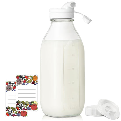 Syntic 2 Pack 32 Oz Glass Milk Bottles with Airtight Lids & 2 Caps