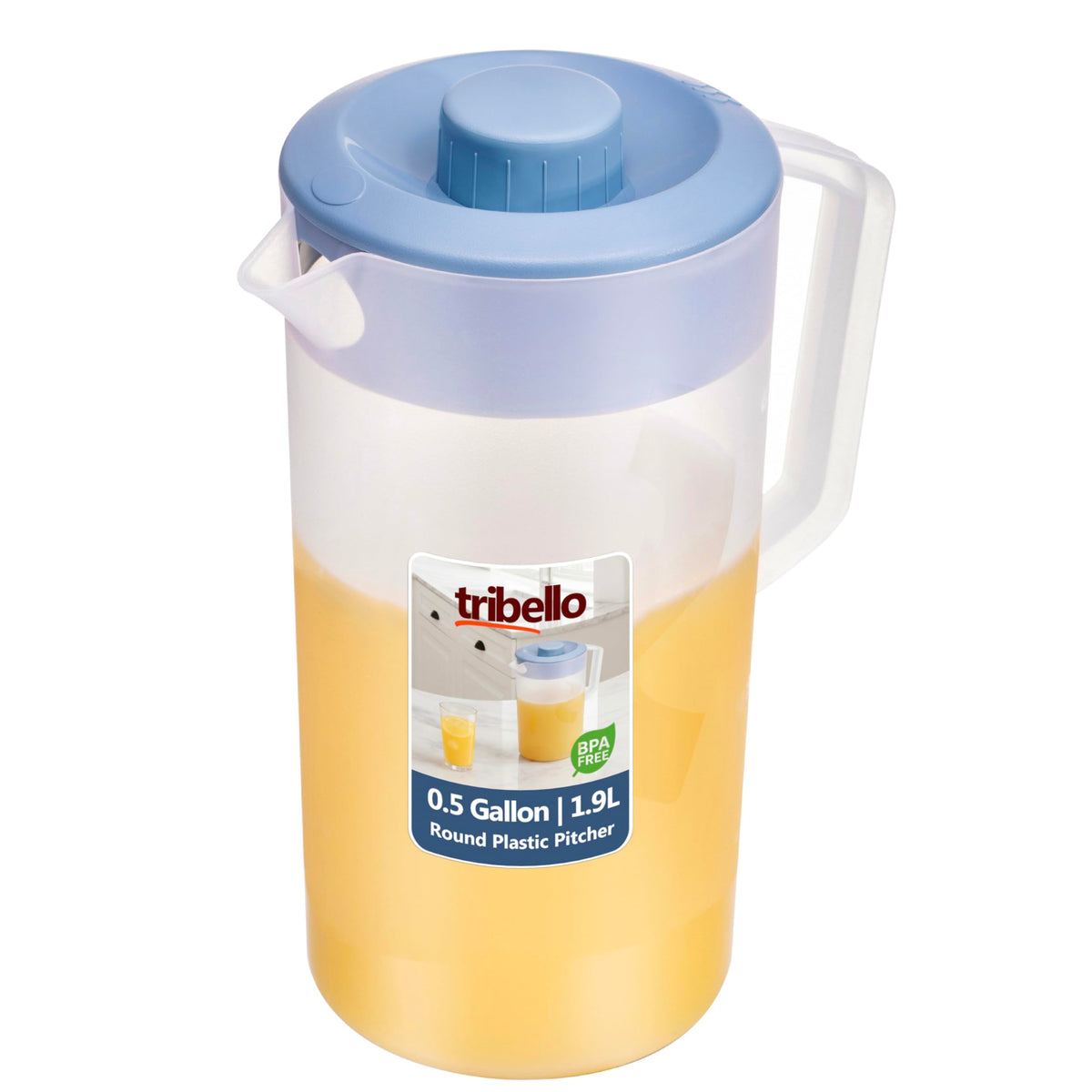 Tribello Pitcher with Lid Half Gallon, Clear Round Plastic Water Pitcher with 3-Way Lid, Ideal for Lemonade, Ice Tea, and Drinks, Freezer/Dishwasher Safe, and BPA Free (0.5 Gallon/2 Liters)