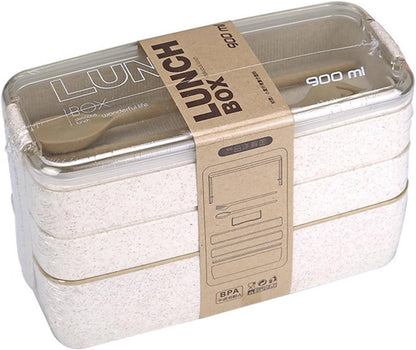 Portable Bento Box, 3-layers Lunch Box, 900ML Wheat Straw Dinnerware Food Storage Container (Pink)