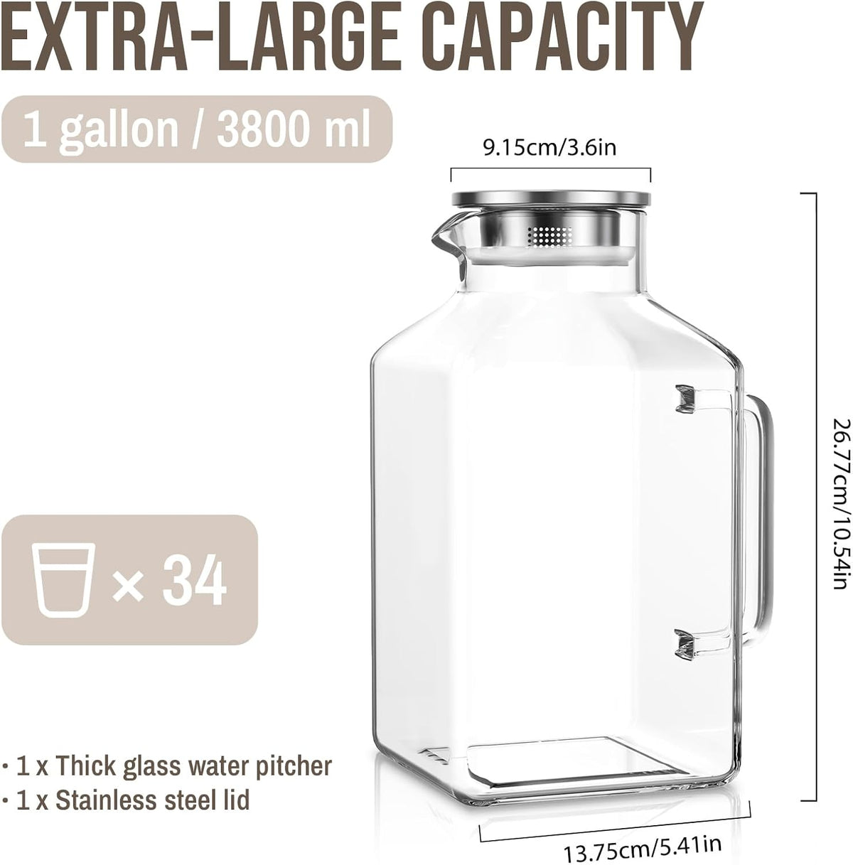 SoulTimes 1 Gallon Thickened Glass Pitcher with Lid and Wider Handle.