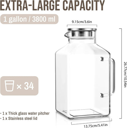 SoulTimes 1 Gallon Thickened Glass Pitcher with Lid and Wider Handle.