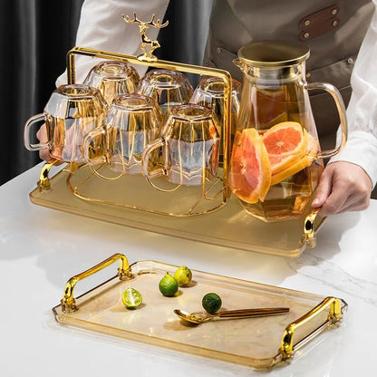 1.7 Liter/58oz Glass Pitcher with Lid Water Carafe Jug with Spout Handle for Hot/Cold Water Tea Beverage (Gold 1-Glass Pitcher)
