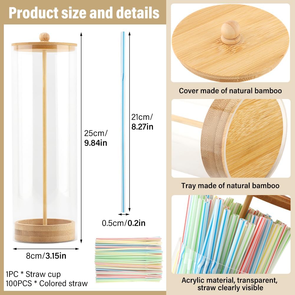 Straws Holder Dispenser with Bamboo Lid, 10-Inch Acrylic Drinking Straw Dispenser Includes 100 Colorful Straws Transparent Straw Storage Container for Kitchen,Pencils and Cutlery