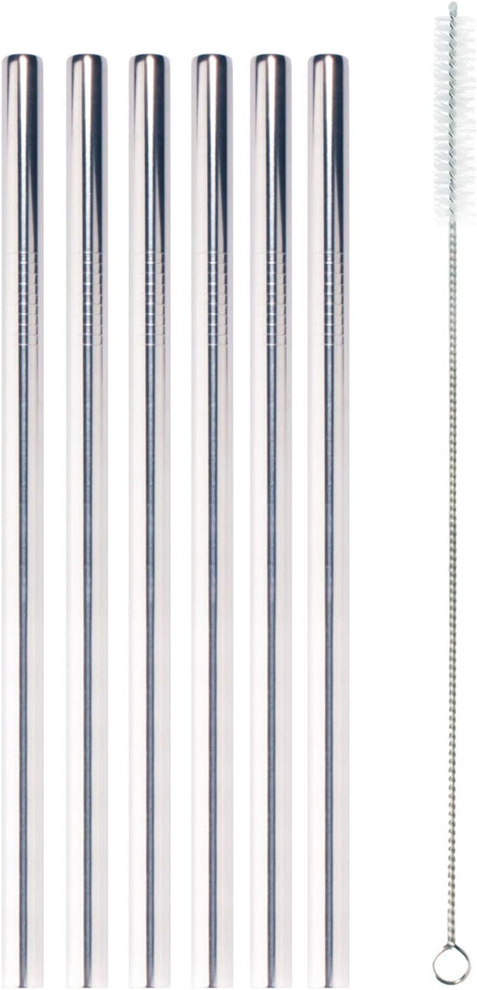 BambooMN Reusable Stainless Steel Metal Drinking Straws - 8.5" Thick Straight Straws w/ 1x Cleaning Brush - 6 Pack
