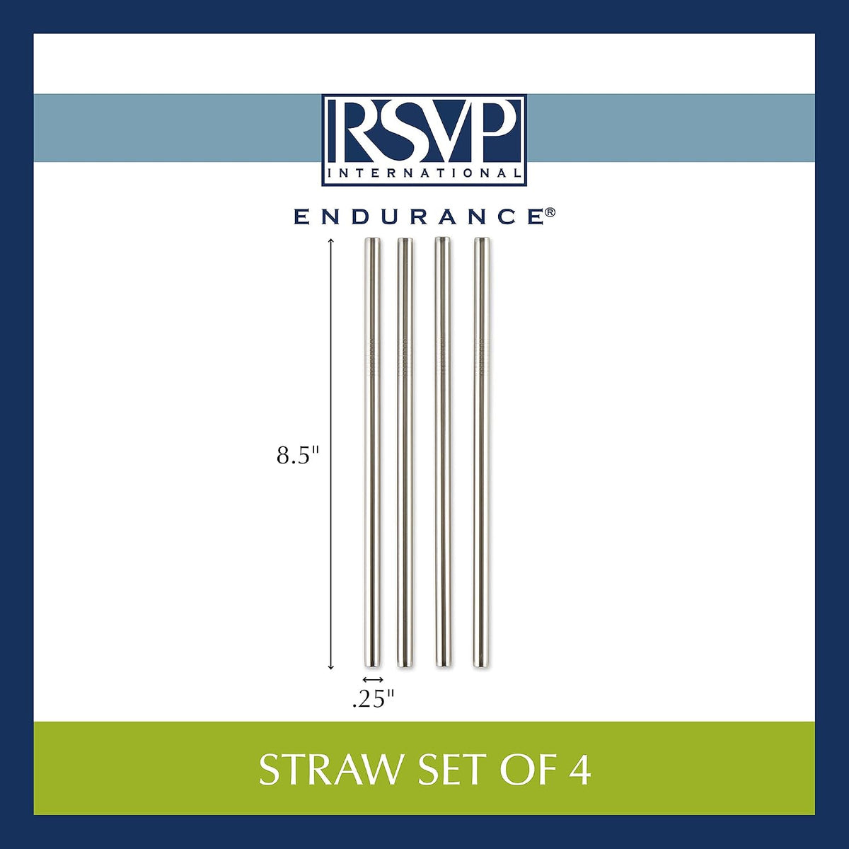 RSVP International Reusable Straw Set Dishwasher Safe, 8.5 Inch, 4 Piece, Stainless Steel Straight