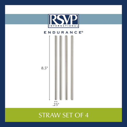 RSVP International Reusable Straw Set Dishwasher Safe, 8.5 Inch, 4 Piece, Stainless Steel Straight