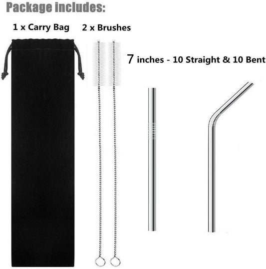 Reusable Metal Straws - 20 Pack 7-inch Short Stainless Steel Drinking Straws with Carry Case for Party, Outdoor, Cocktails, Travel, Kids